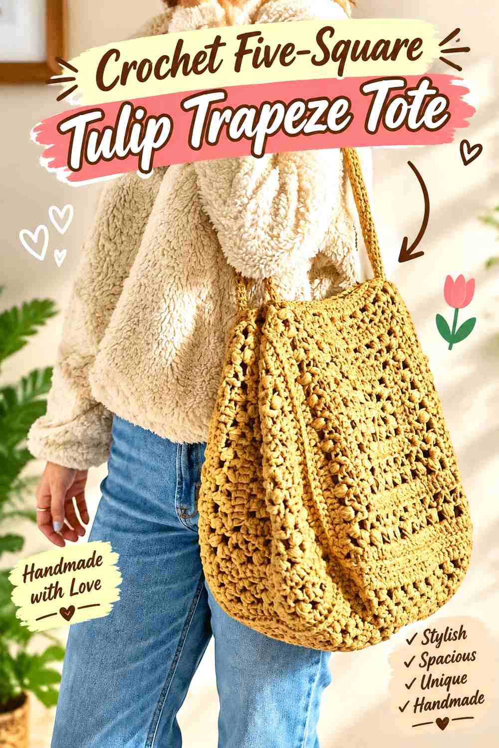 14. Crochet Five-Square Tulip Trapeze Tote