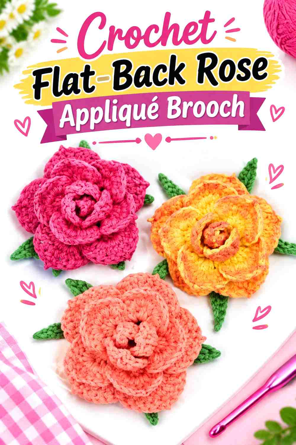 10. Crochet Flat-Back Rose Appliqué Brooch