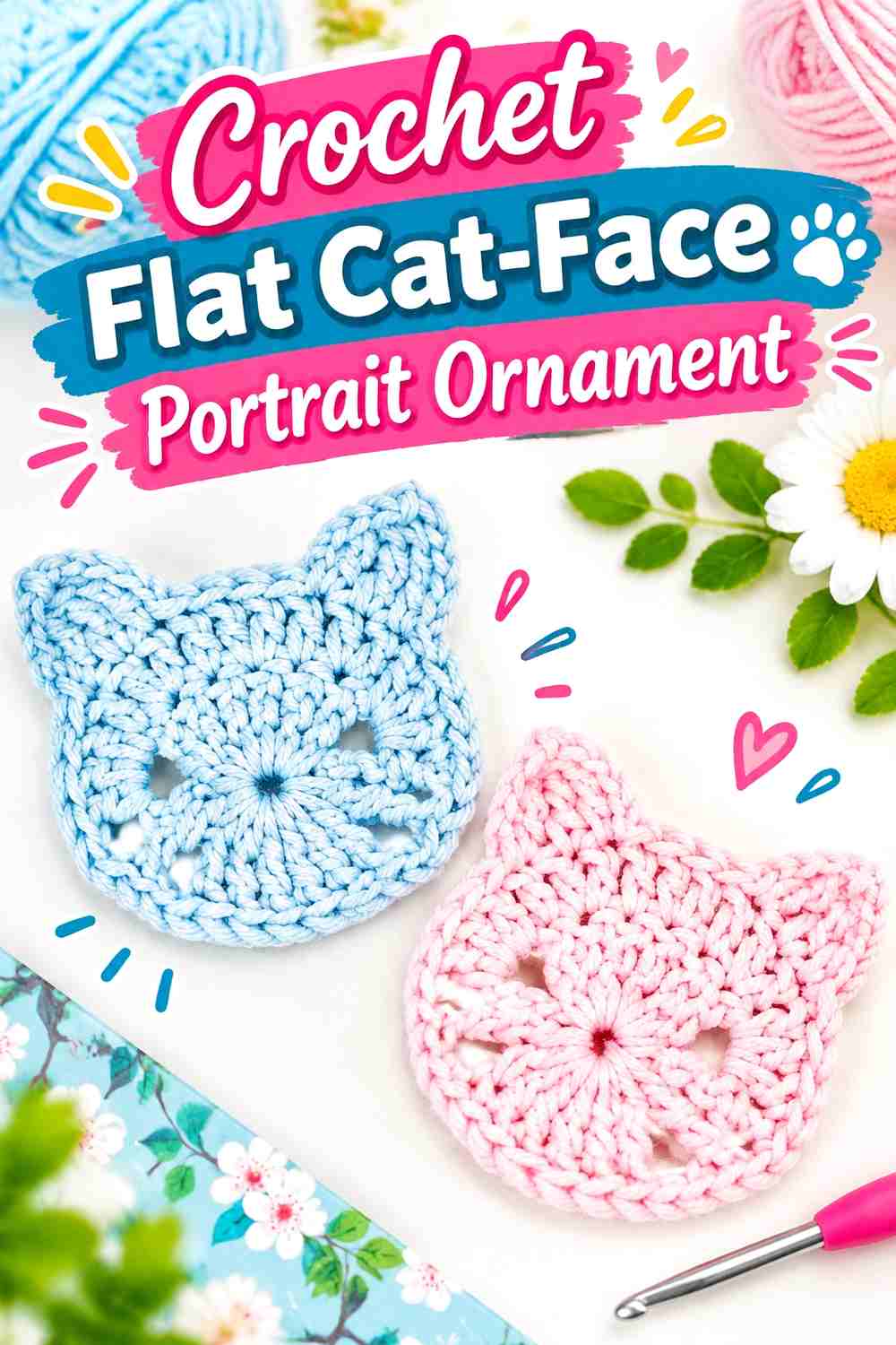 2. Crochet Flat Cat-Face Portrait Ornament