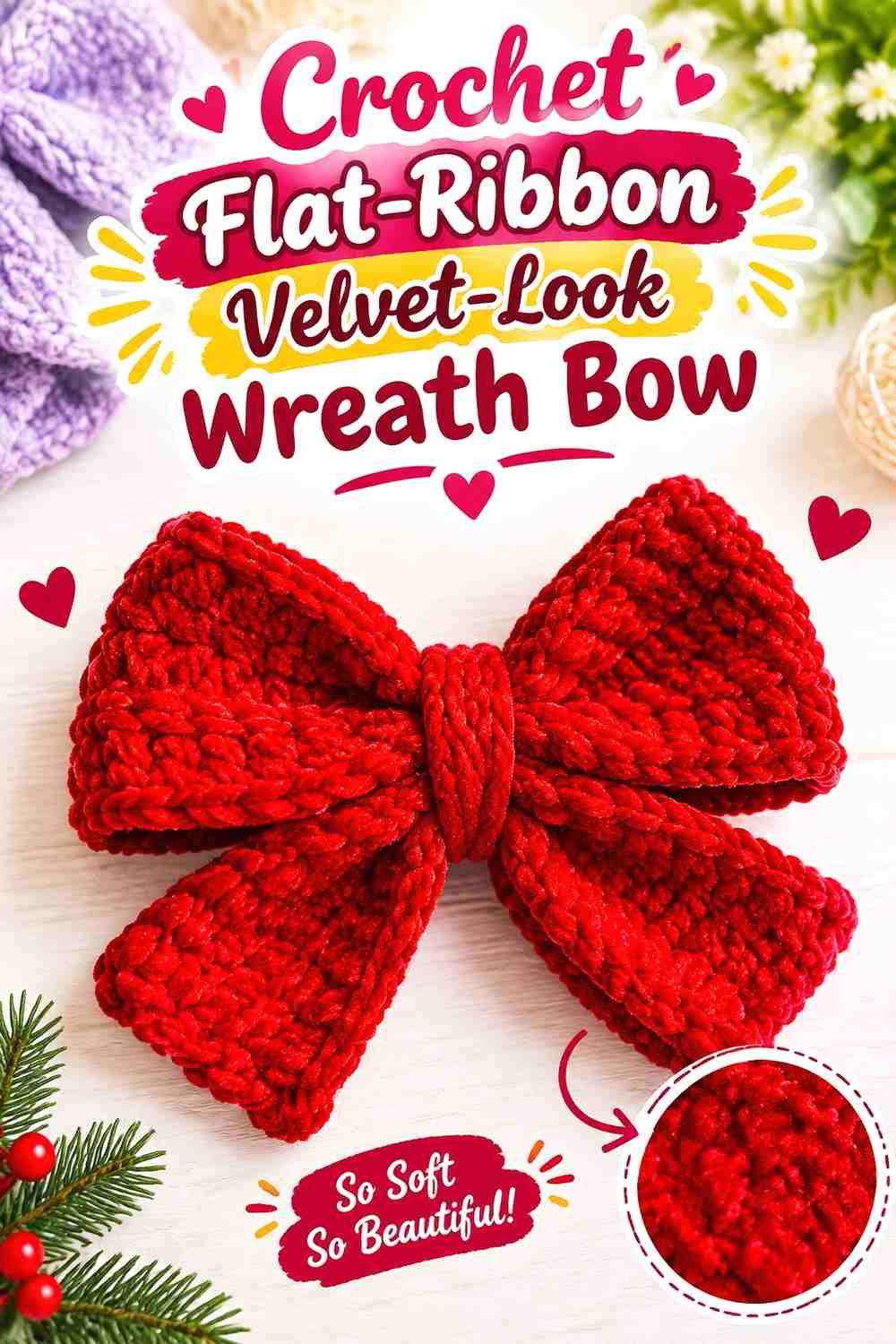 8. Crochet Flat-Ribbon Velvet-Look Wreath Bow