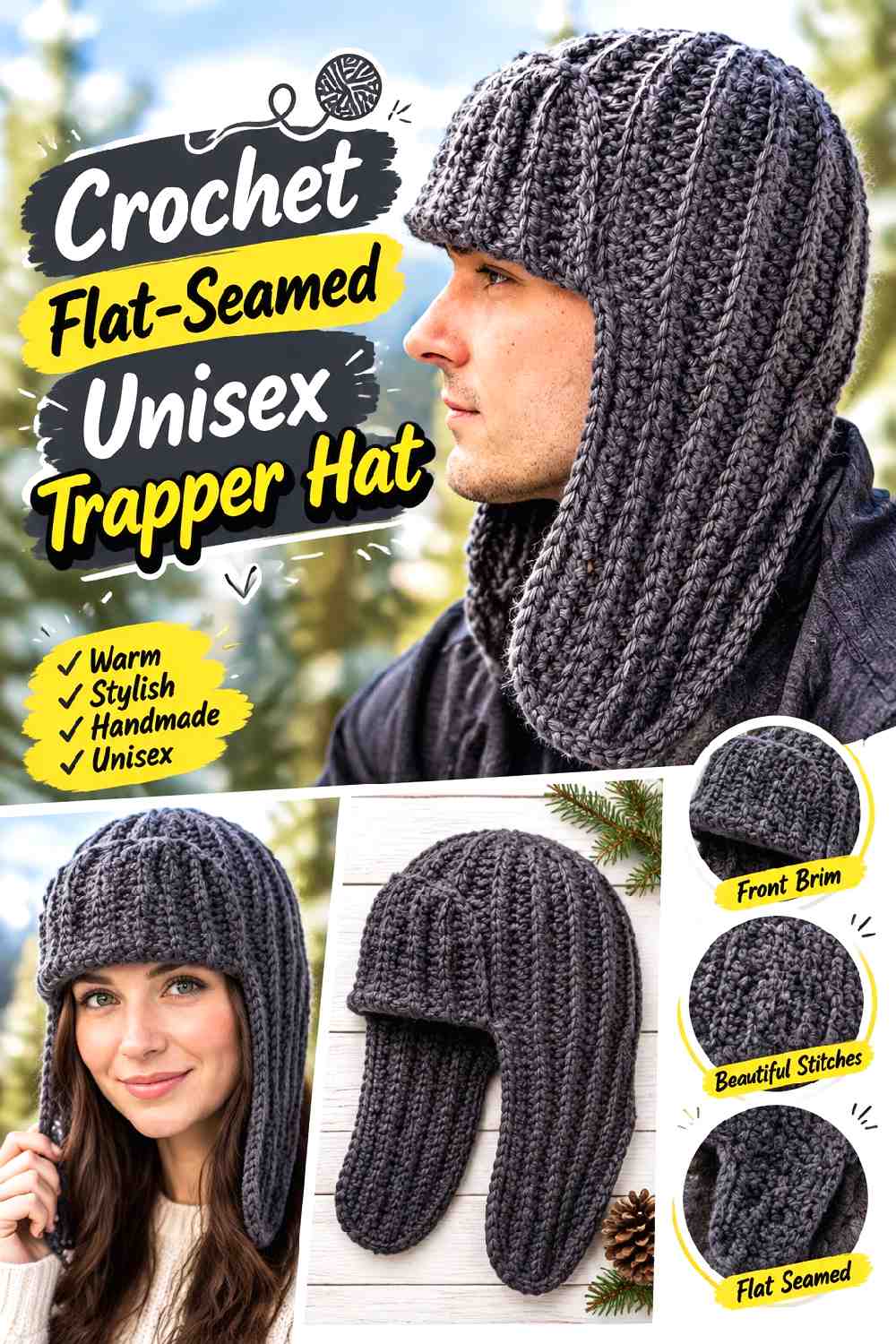 2. Crochet Flat Seamed Unisex Trapper Hat