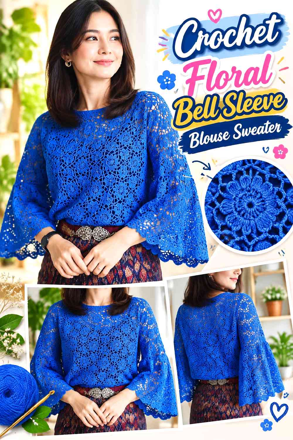5. Crochet Floral Bell Sleeve Blouse Sweater