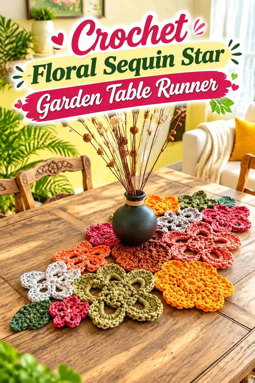 8. Crochet Floral Sequin Star Garden Table Runner