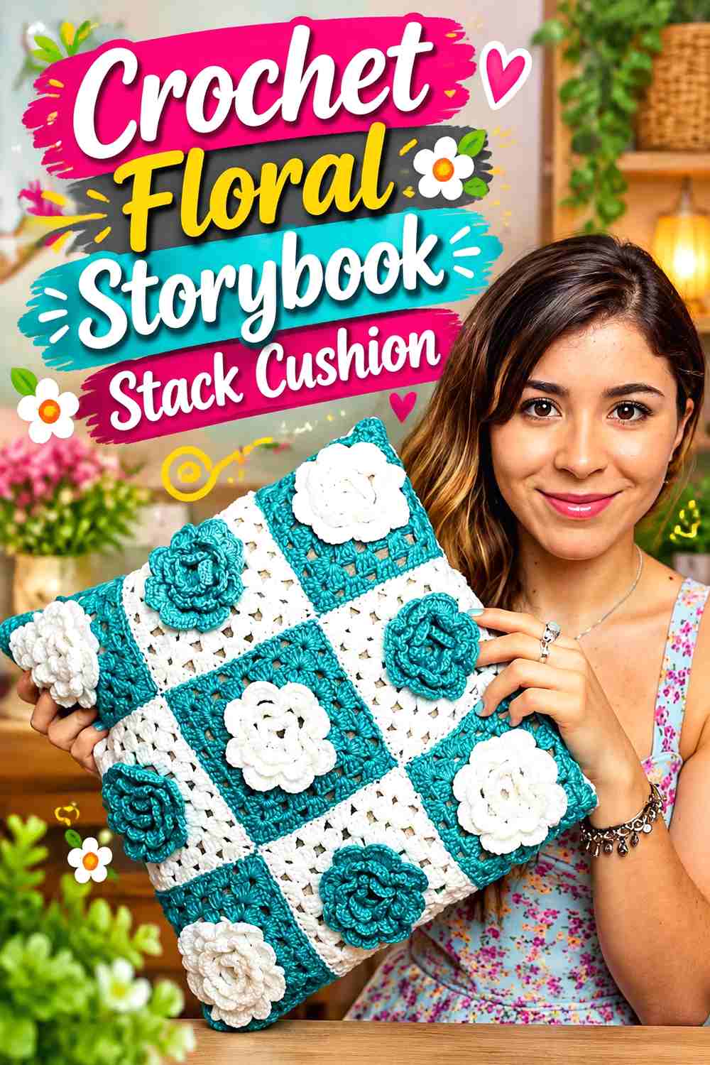 12. Crochet Floral Storybook Stack Cushion