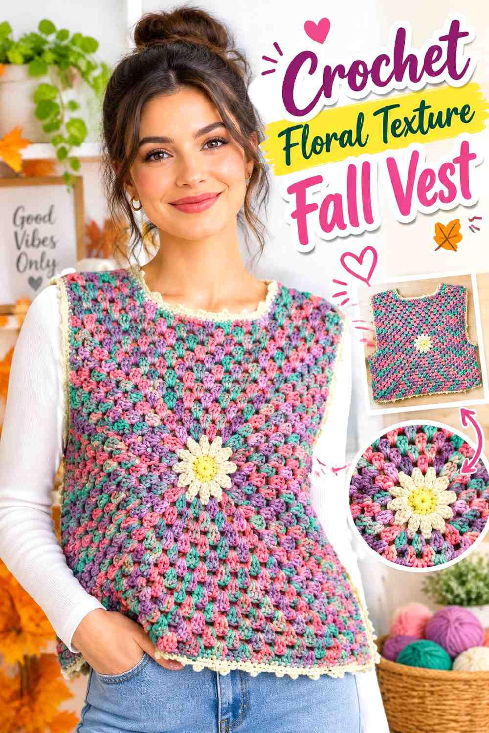 7. Crochet Floral Texture Fall Vest