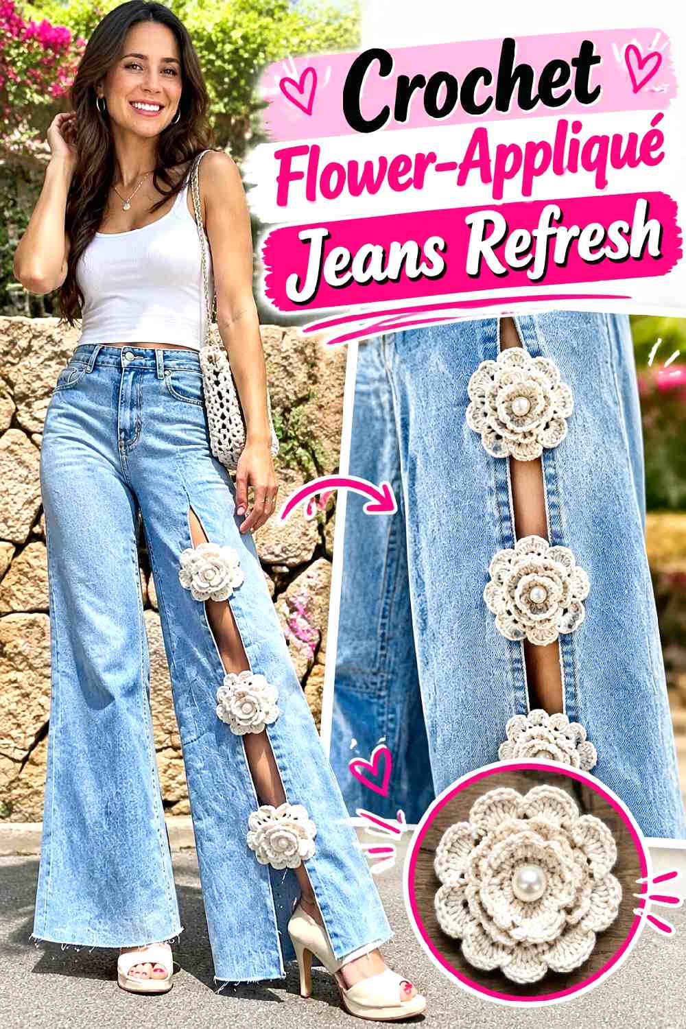 14. Crochet Flower Applique Jeans Refresh