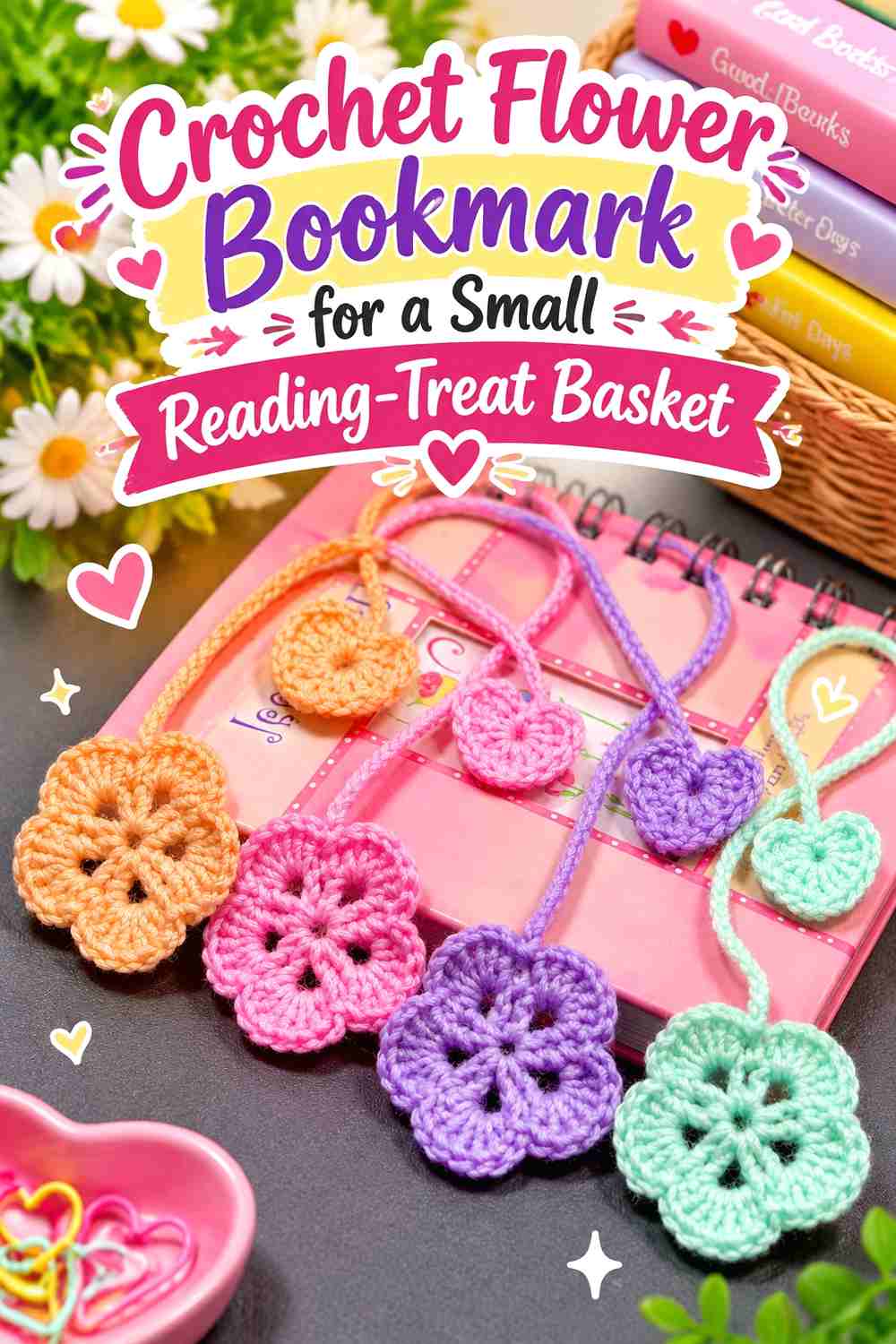 2. Crochet Flower Bookmark for a Small Reading-Treat Basket