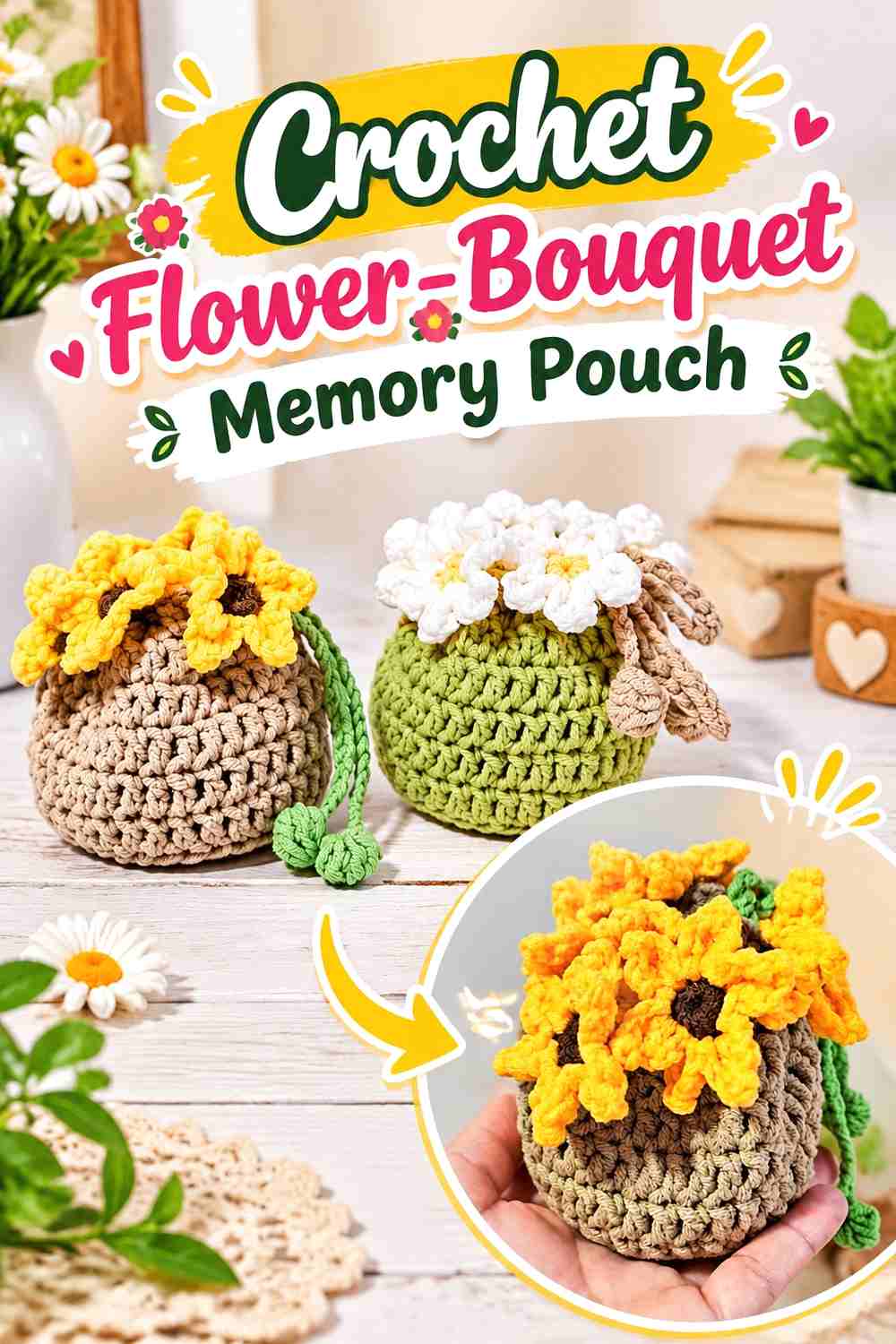 3. Crochet Flower-Bouquet Memory Pouch