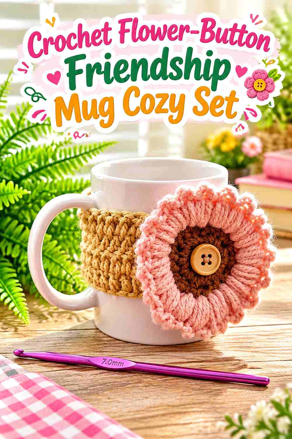 16. Crochet Flower-Button Friendship Mug Cozy Set