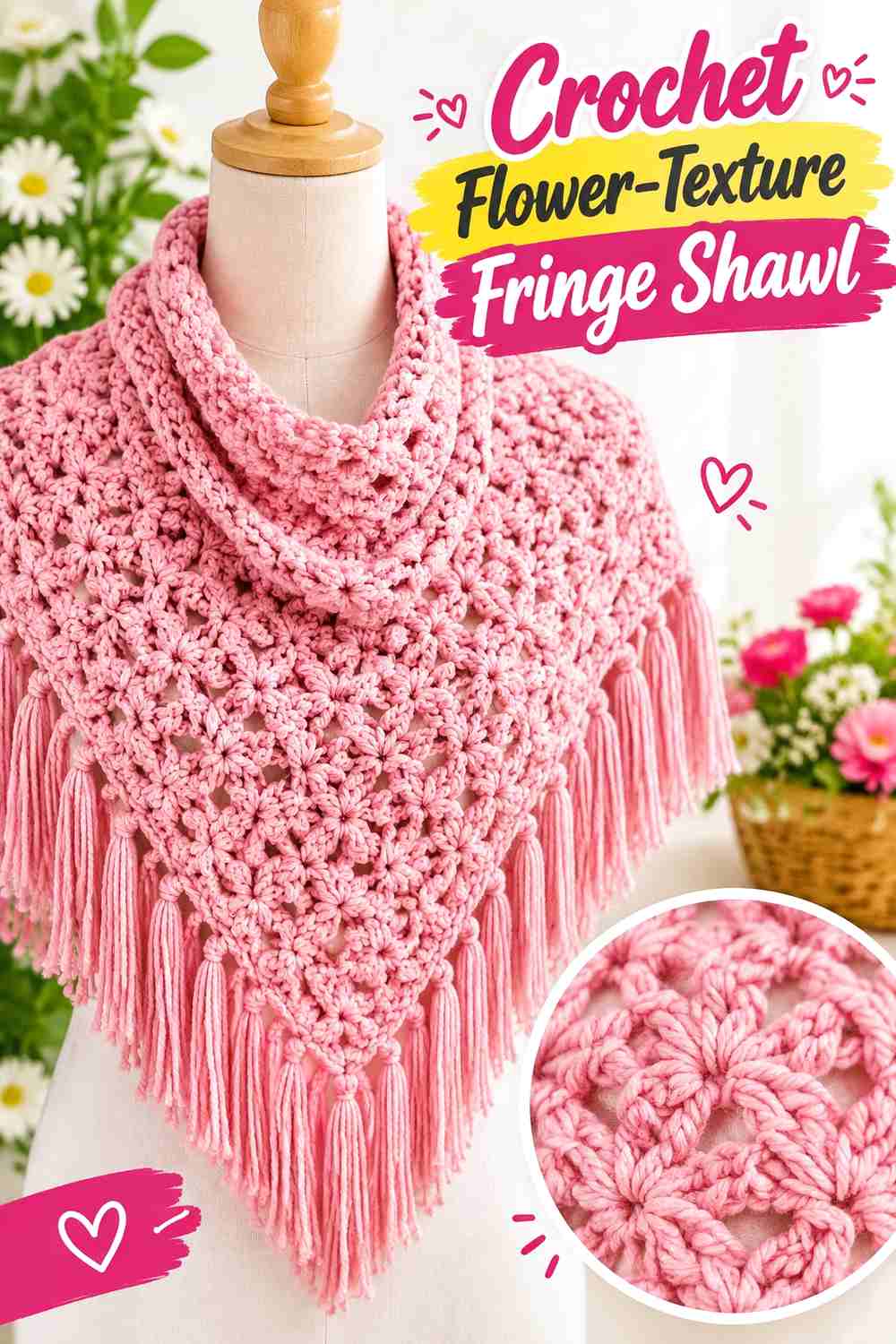 4. Crochet Flower Texture Fringe Shawl