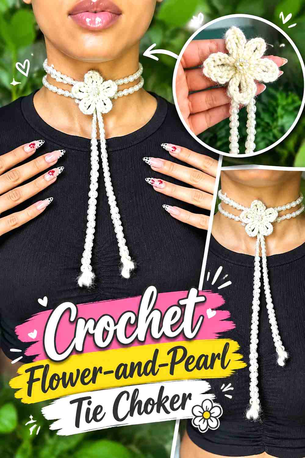 5. Crochet Flower And Pearl Tie Choker