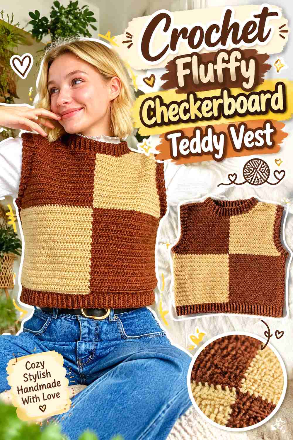 3. Crochet Fluffy Checkerboard Teddy Vest