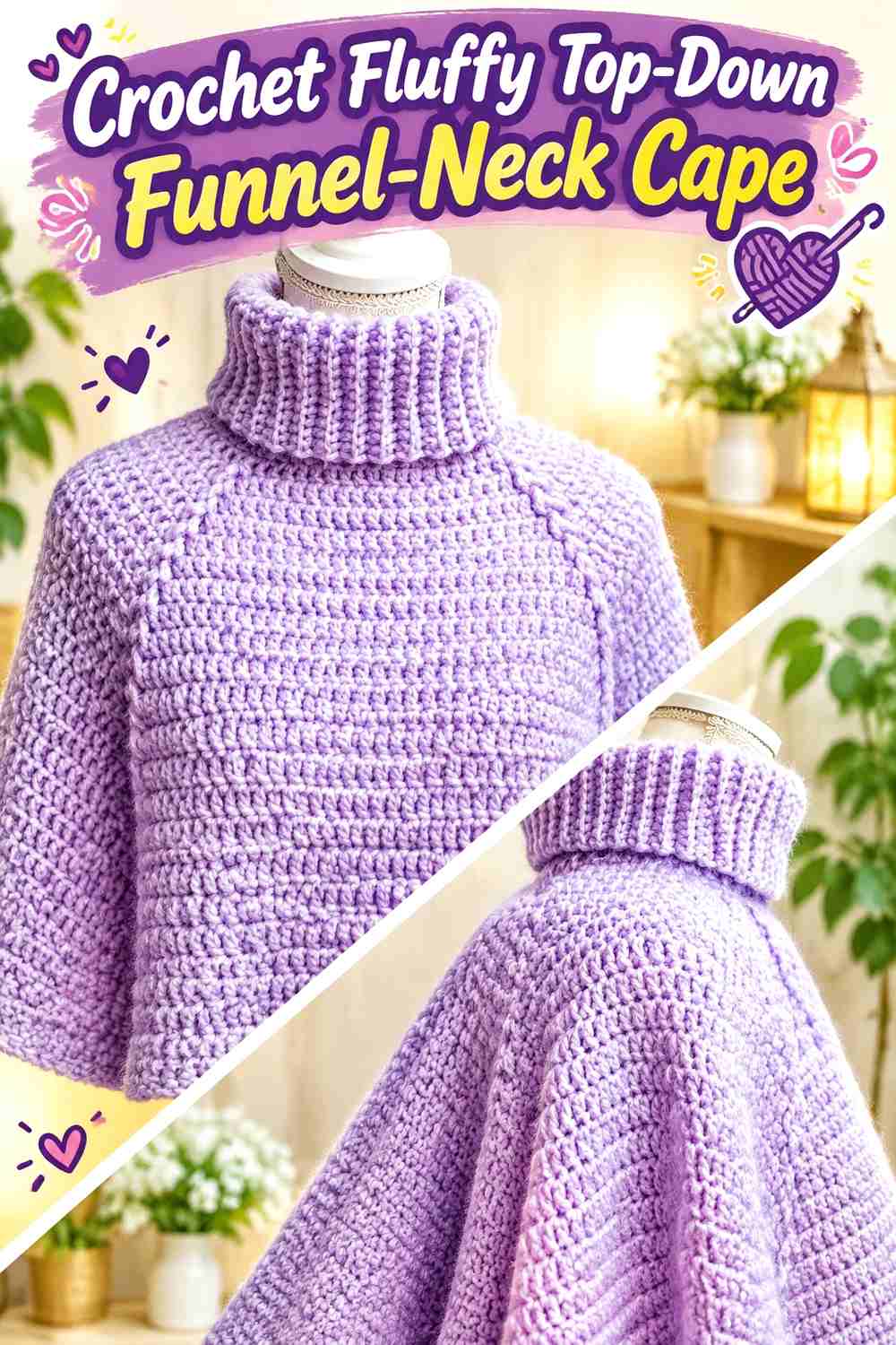 6. Crochet Fluffy Top-Down Funnel-Neck Cape
