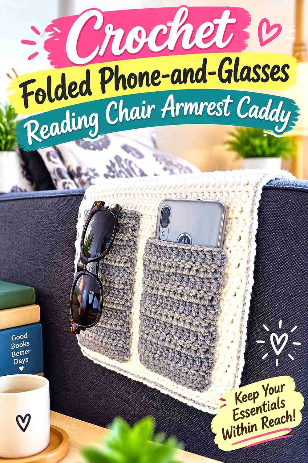 9. Crochet Folded Phone-and-Glasses Reading Chair Armrest Caddy