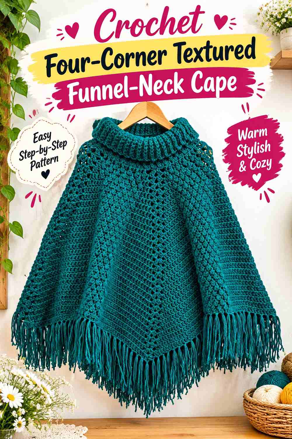15. Crochet Four-Corner Textured Funnel-Neck Cape