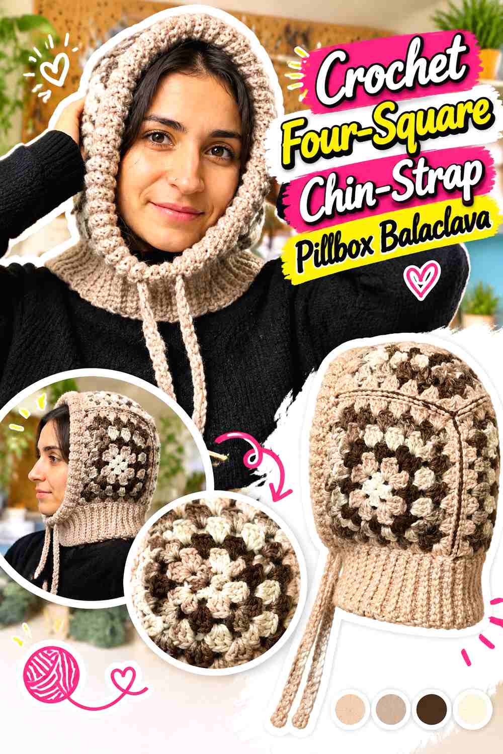 15. Crochet Four-Square Chin-Strap Pillbox Balaclava