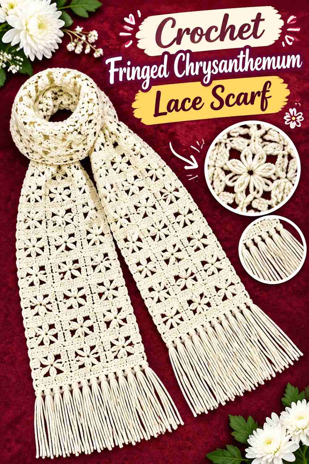 3. Crochet Fringed Chrysanthemum Lace Scarf