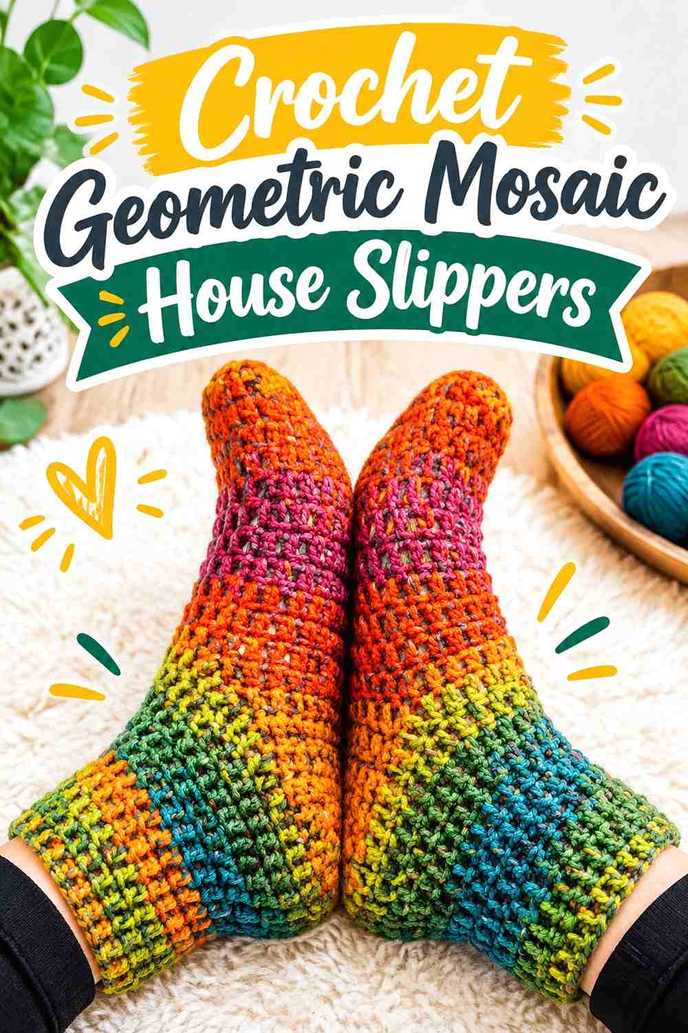 1. Crochet Geometric Mosaic House Slippers