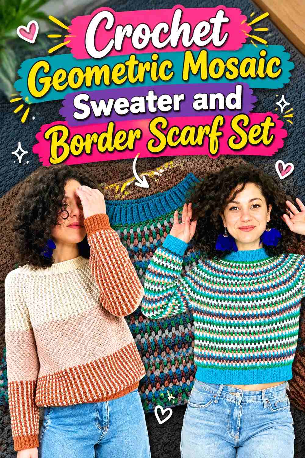 2. Crochet Geometric Mosaic Sweater and Border Scarf Set