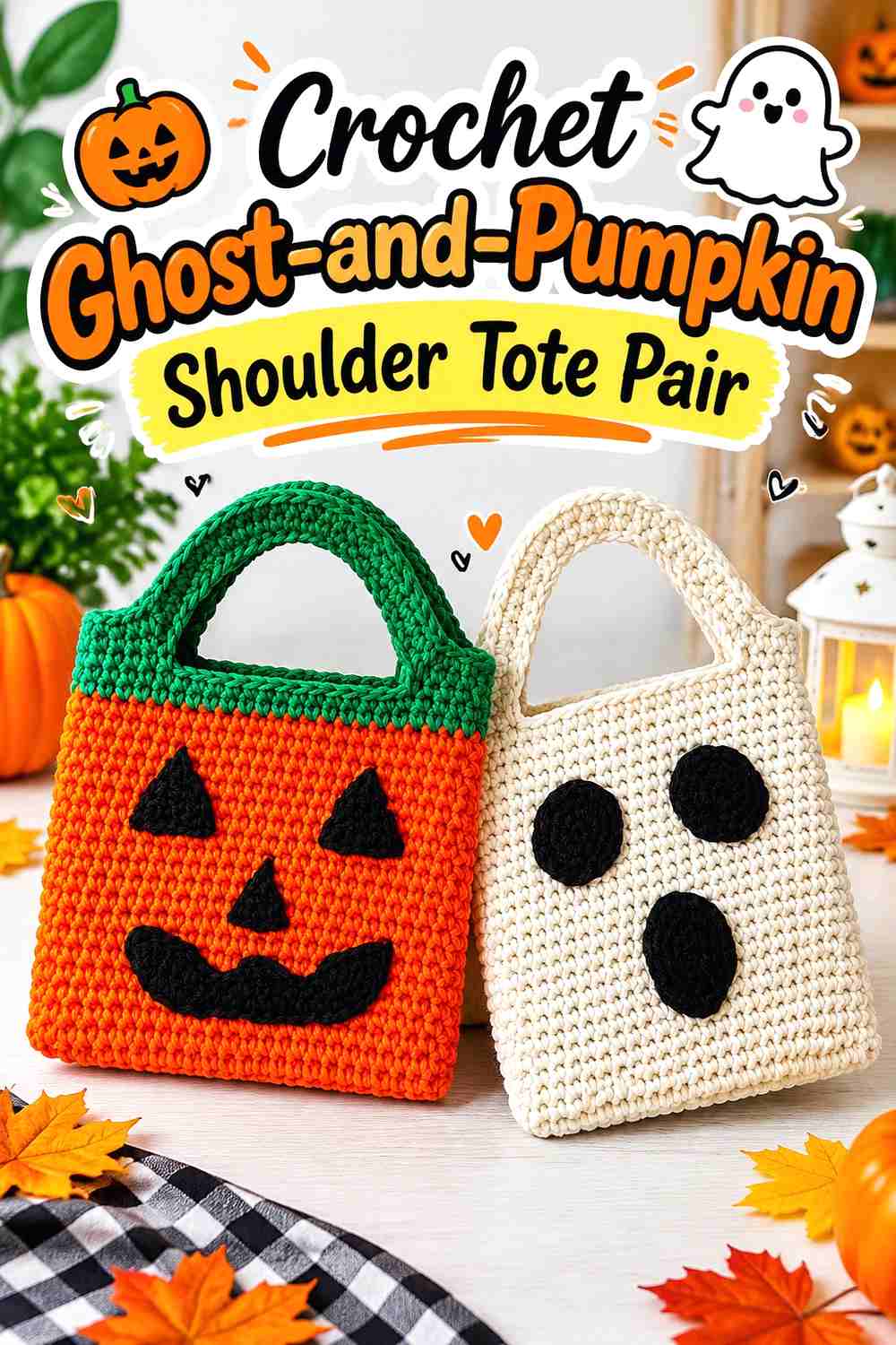 10. Crochet Ghost-and-Pumpkin Shoulder Tote Pair