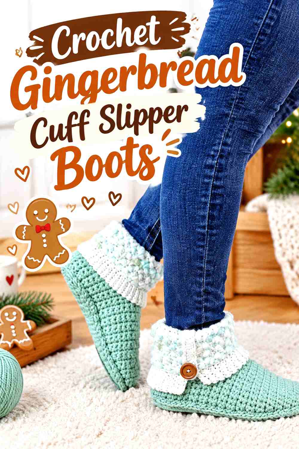 12. Crochet Gingerbread Cuff Slipper Boots