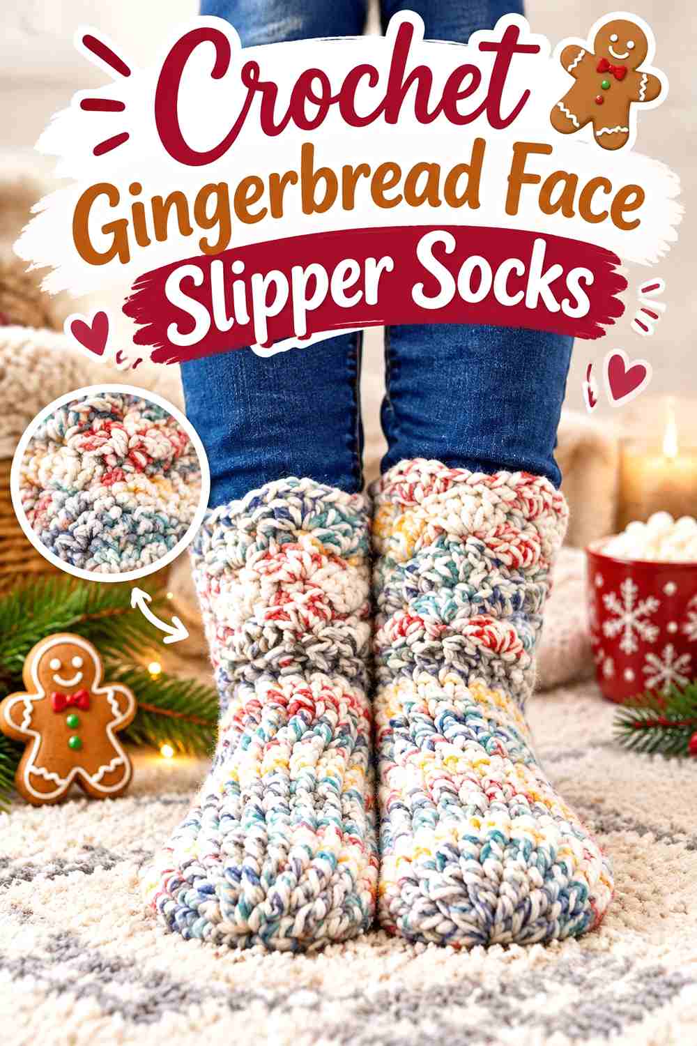 1. Crochet Gingerbread Face Slipper Socks