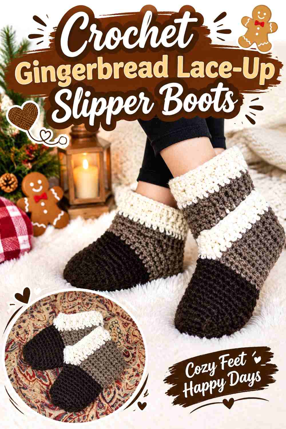 13. Crochet Gingerbread Lace-Up Slipper Boots