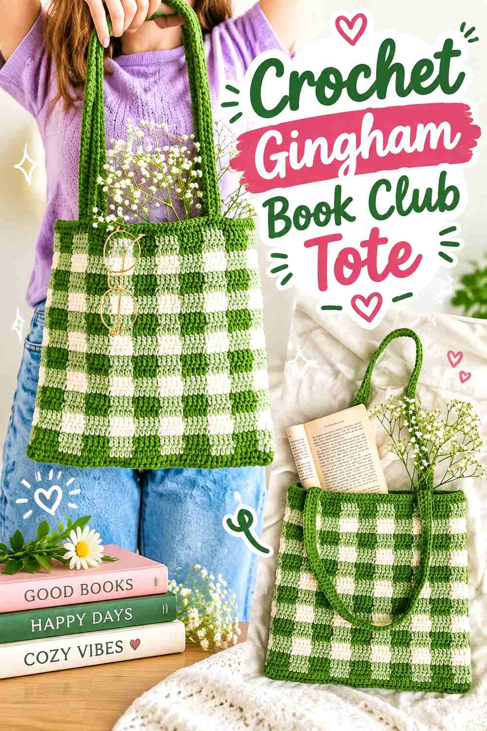 13. Crochet Gingham Book Club Tote