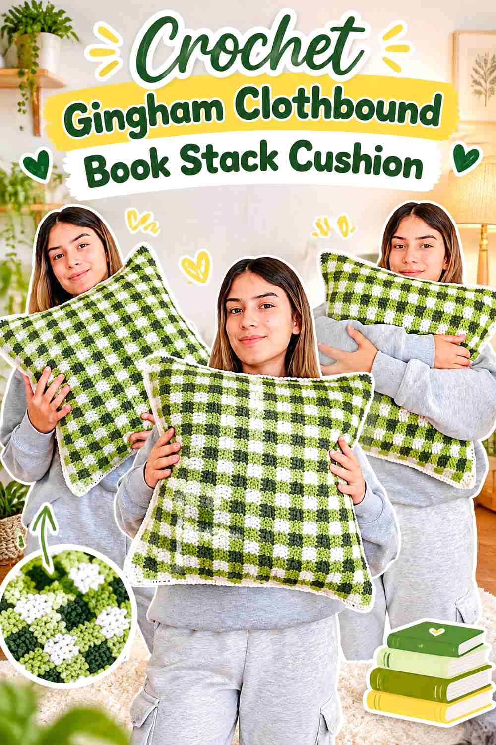 8. Crochet Gingham Clothbound Book Stack Cushion