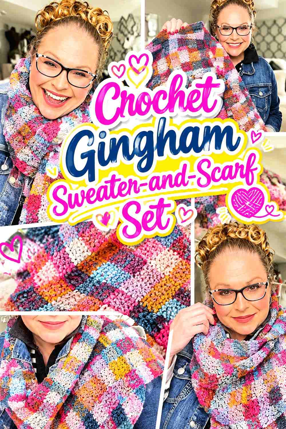 12. Crochet Gingham Sweater-and-Scarf Set