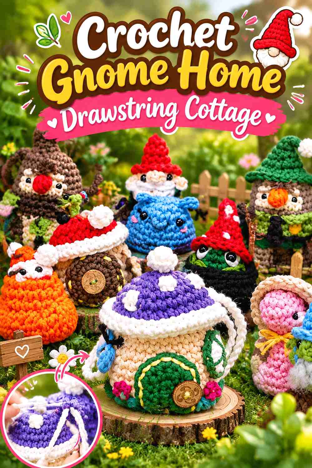 8. Crochet Gnome Home Drawstring Cottage