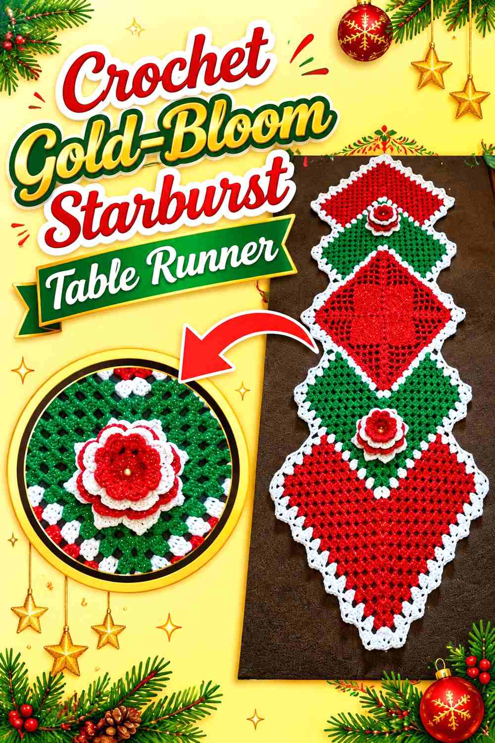 9. Crochet Gold-Bloom Starburst Table Runner