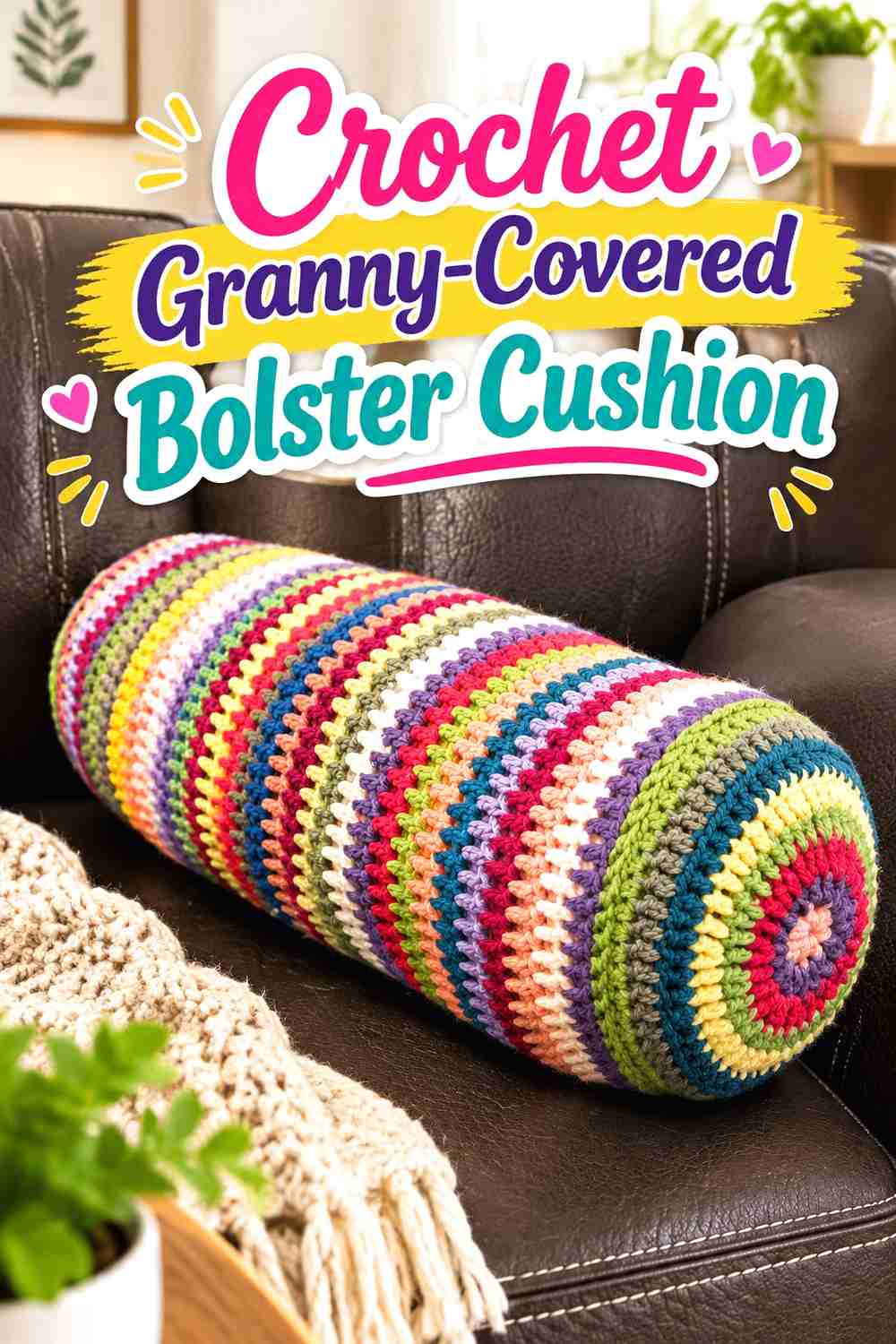 7. Crochet Granny-Covered Bolster Cushion