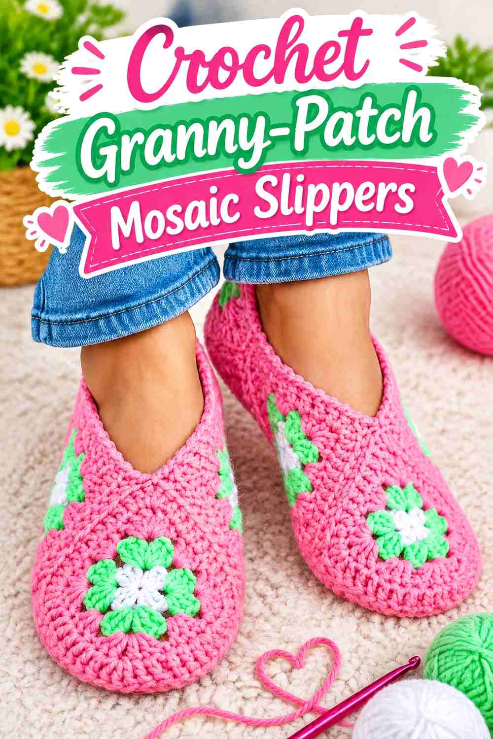 3. Crochet Granny-Patch Mosaic Slippers