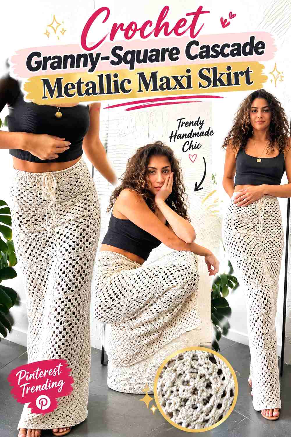 9. Crochet Granny-Square Cascade Metallic Maxi Skirt