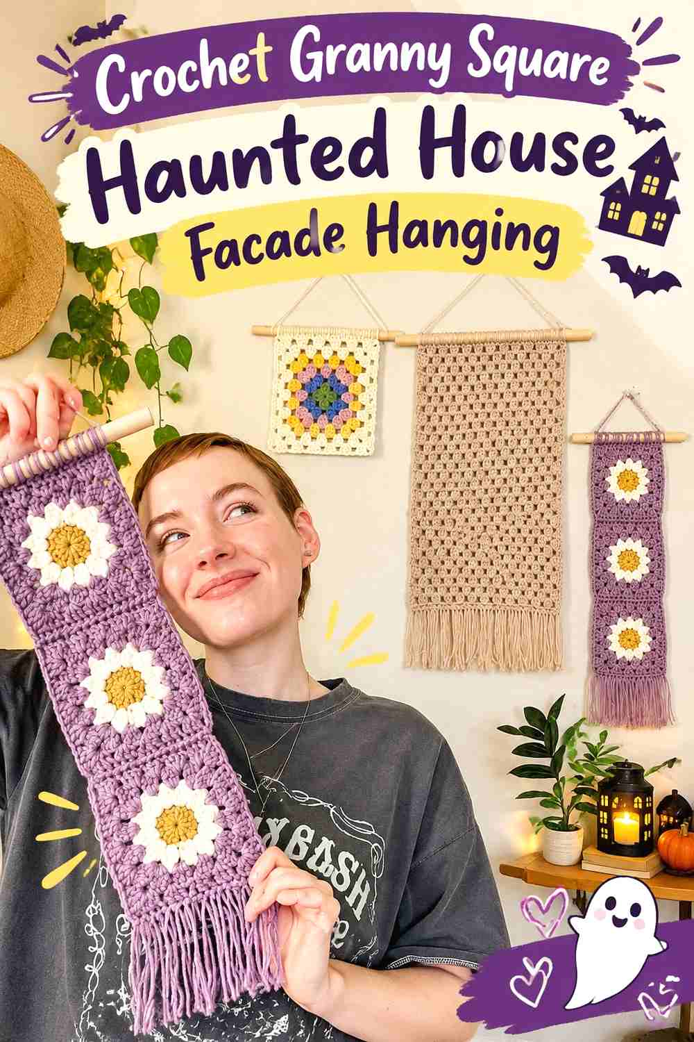 4. Crochet Granny Square Haunted House Facade Hanging