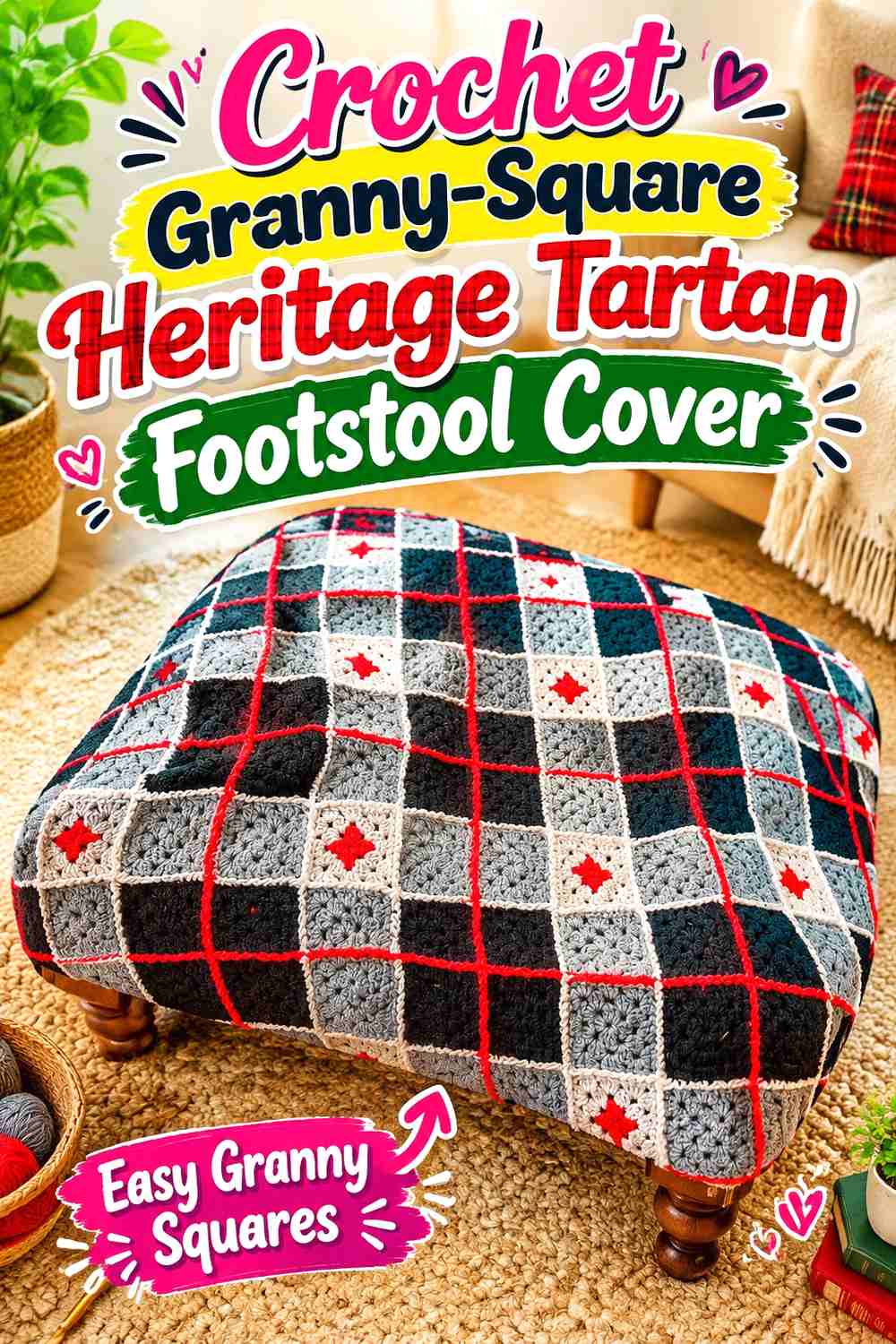 1. Crochet Granny-Square Heritage Tartan Footstool Cover