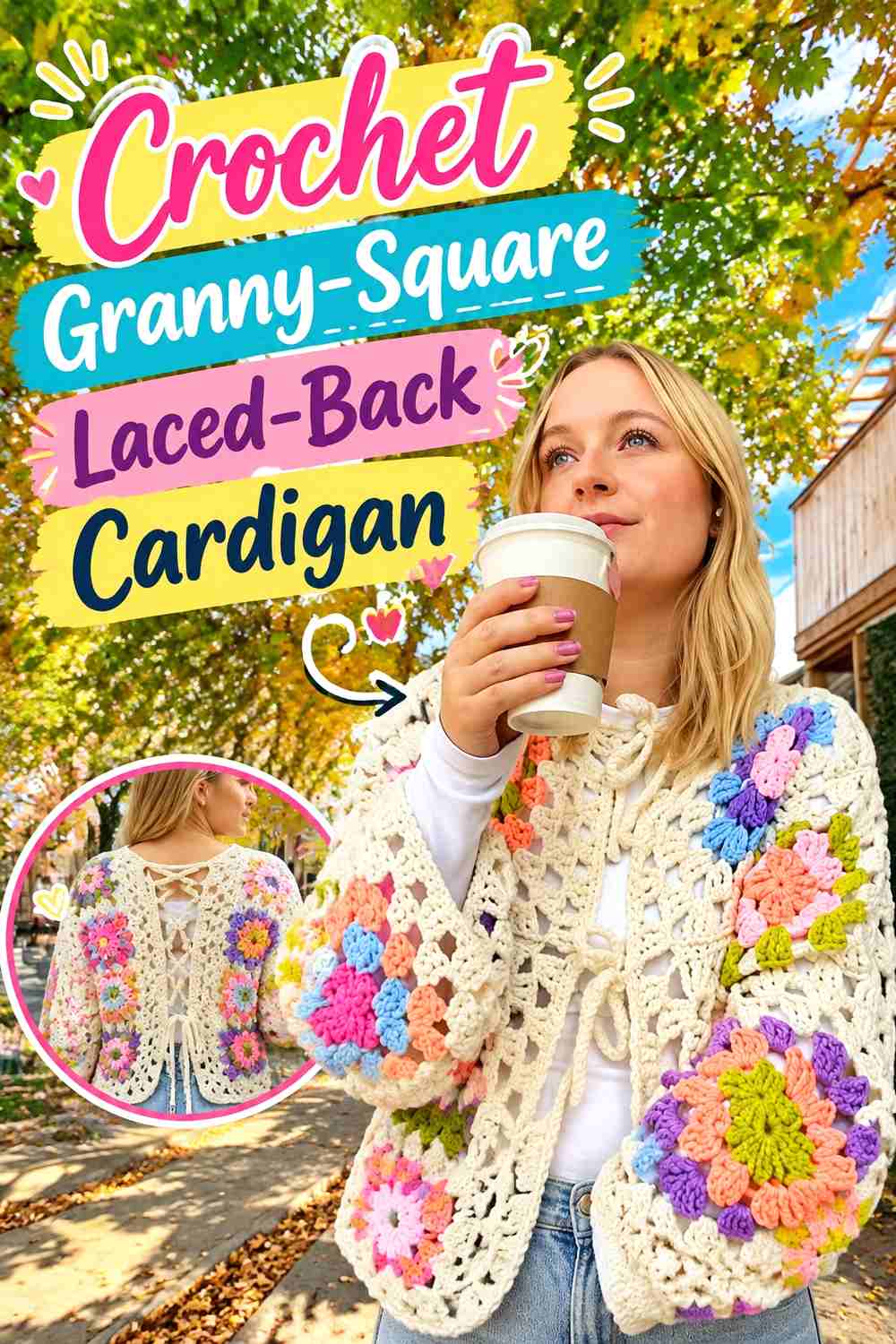 16. Crochet Granny-Square Laced-Back Cardigan