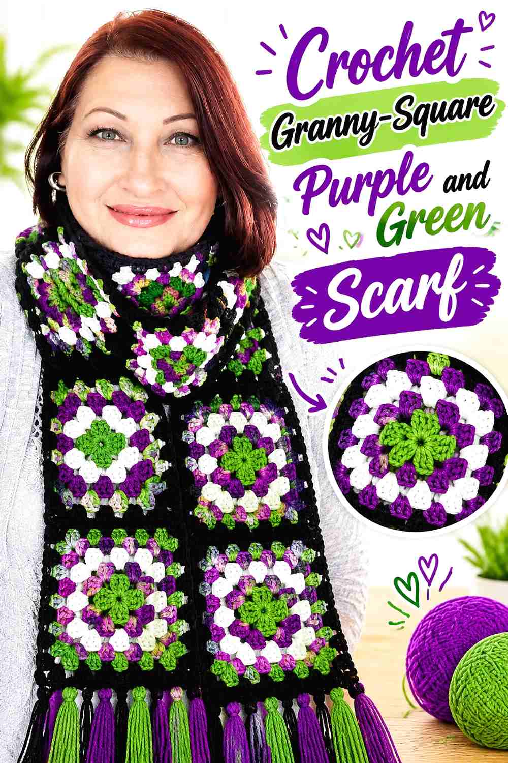 17. Crochet Granny-Square Purple and Green Scarf
