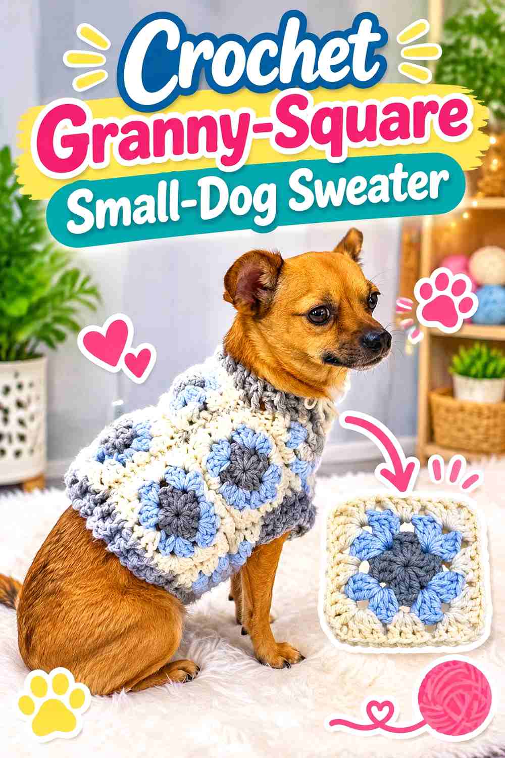 18. Crochet Granny-Square Small-Dog Sweater