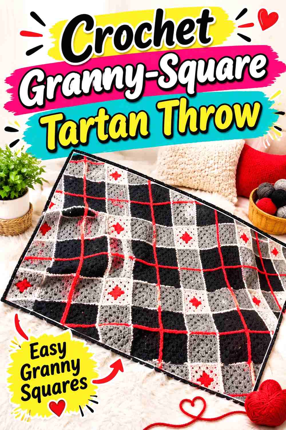15. Crochet Granny-Square Tartan Throw