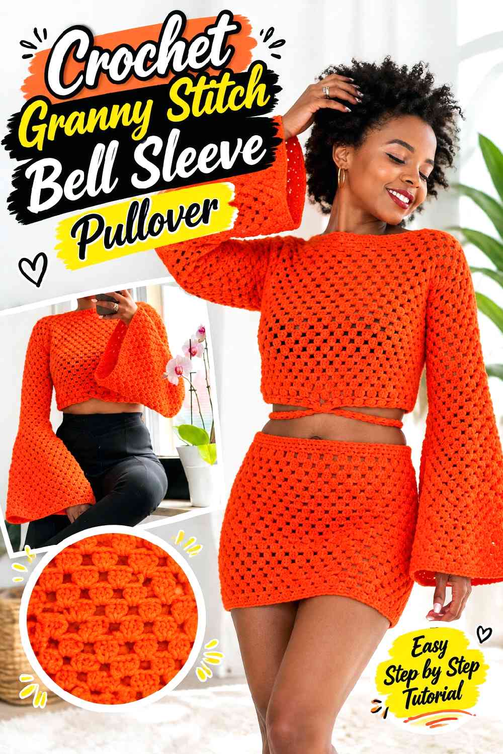6. Crochet Granny Stitch Bell Sleeve Pullover