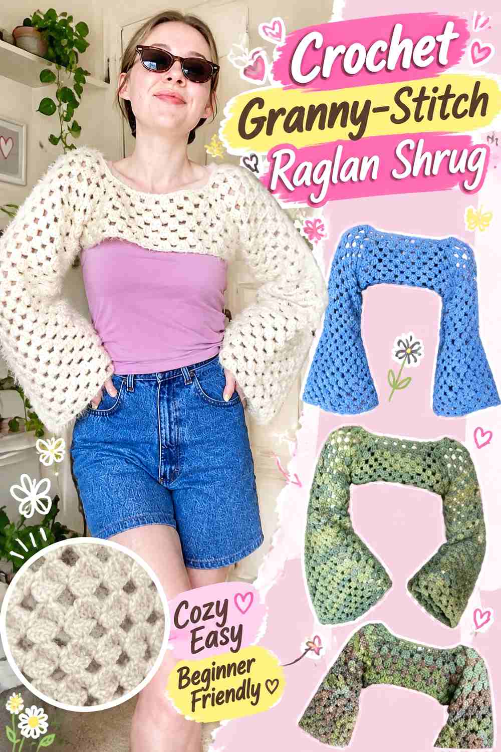14. Crochet Granny-Stitch Raglan Shrug