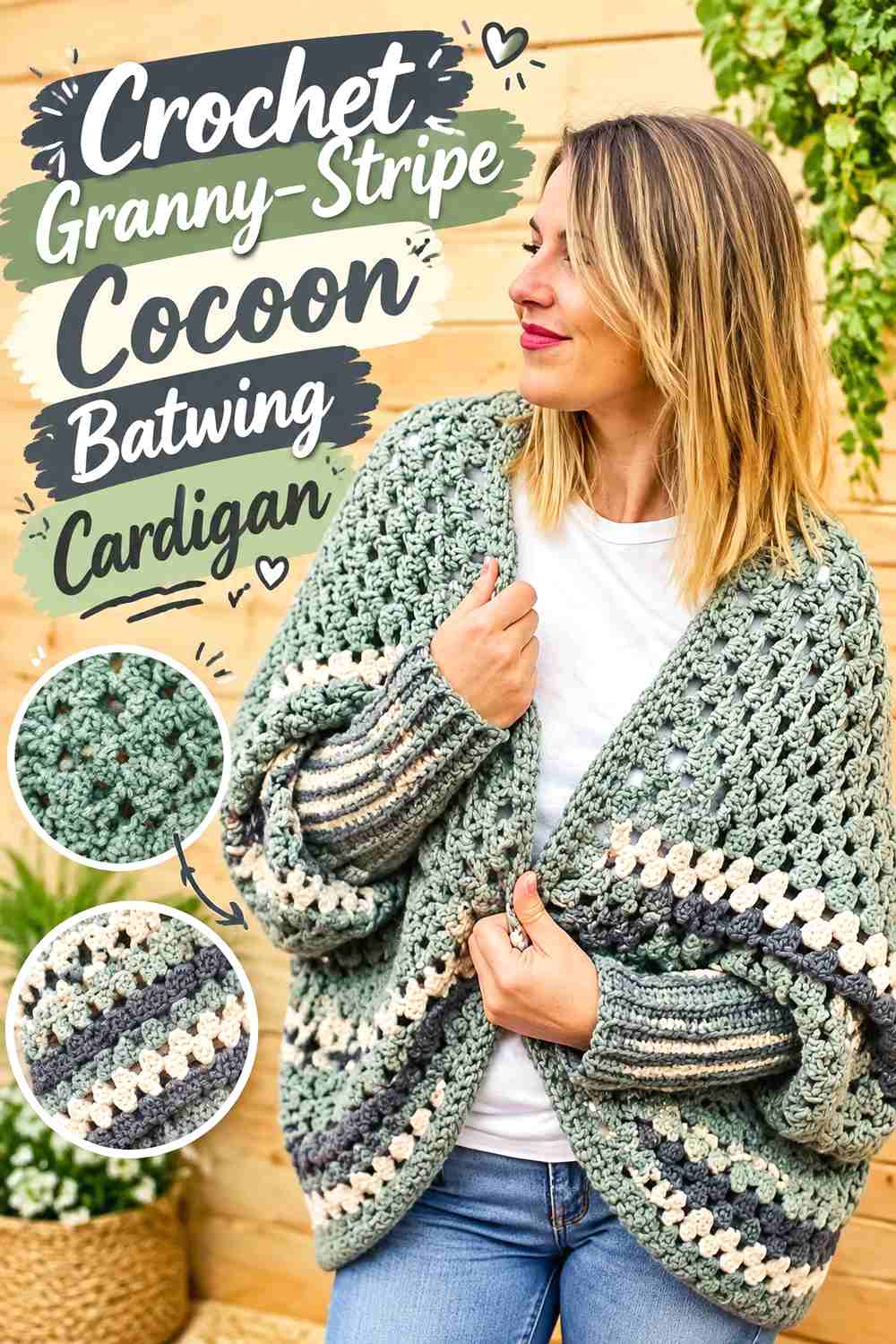 12. Crochet Granny-Stripe Cocoon Batwing Cardigan