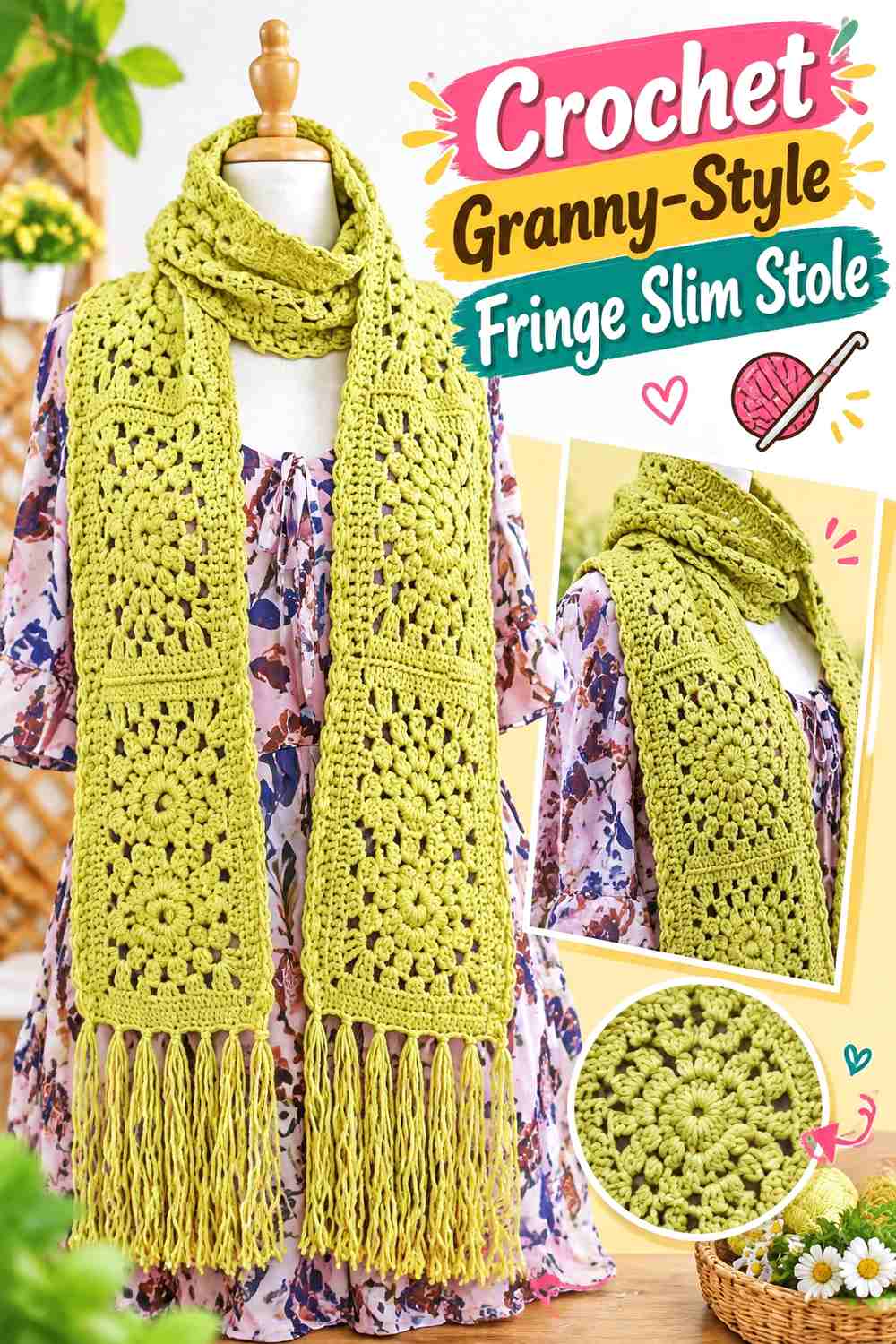 15. Crochet Granny Style Fringe Slim Stole