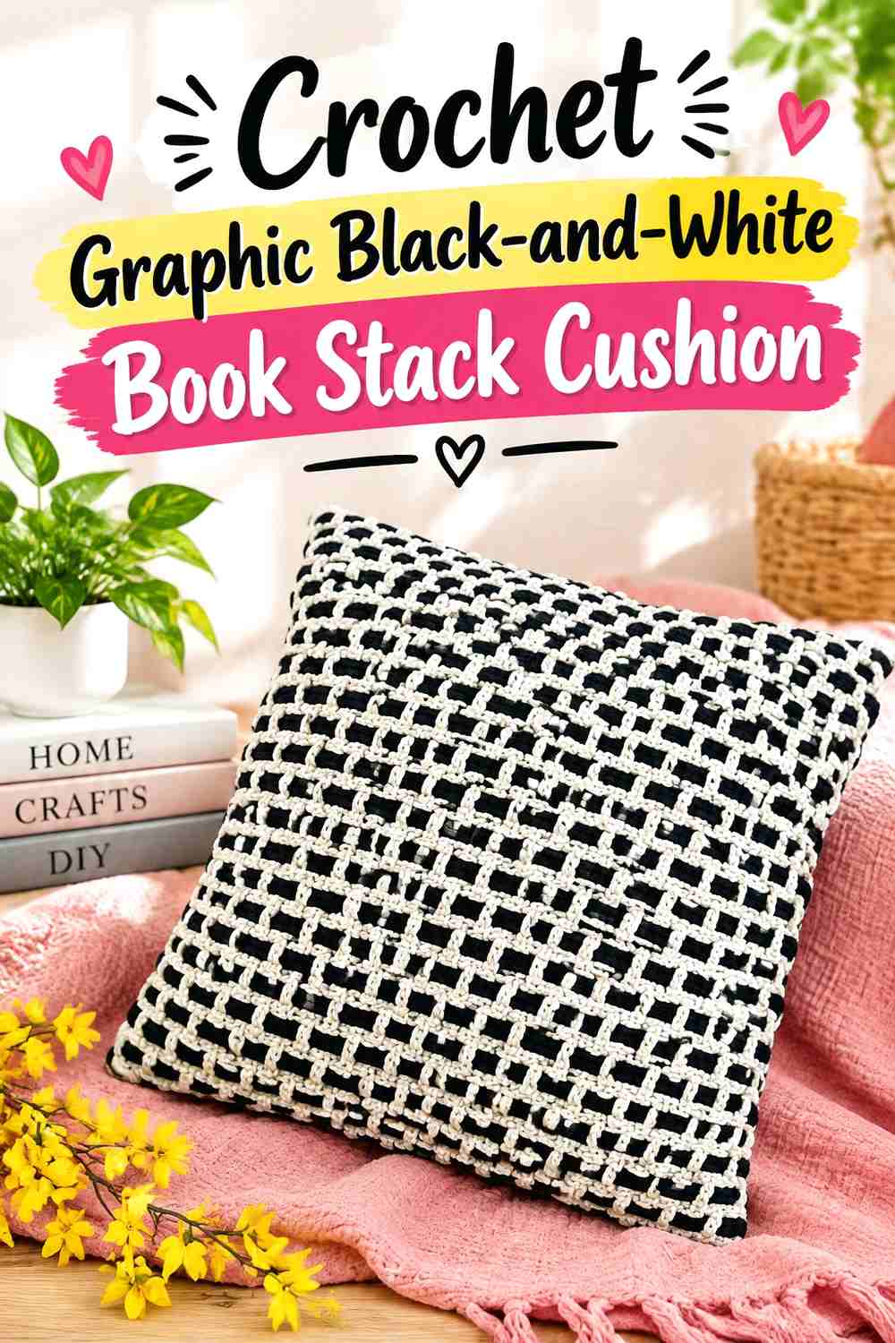 15. Crochet Graphic Black-and-White Book Stack Cushion