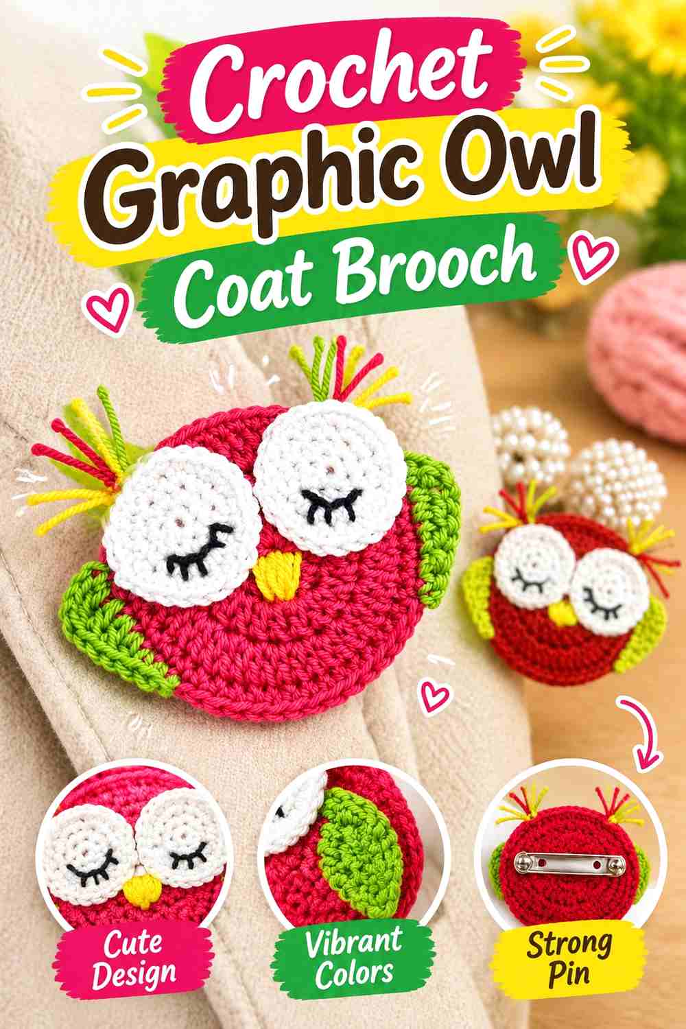 7. Crochet Graphic Owl Coat Brooch