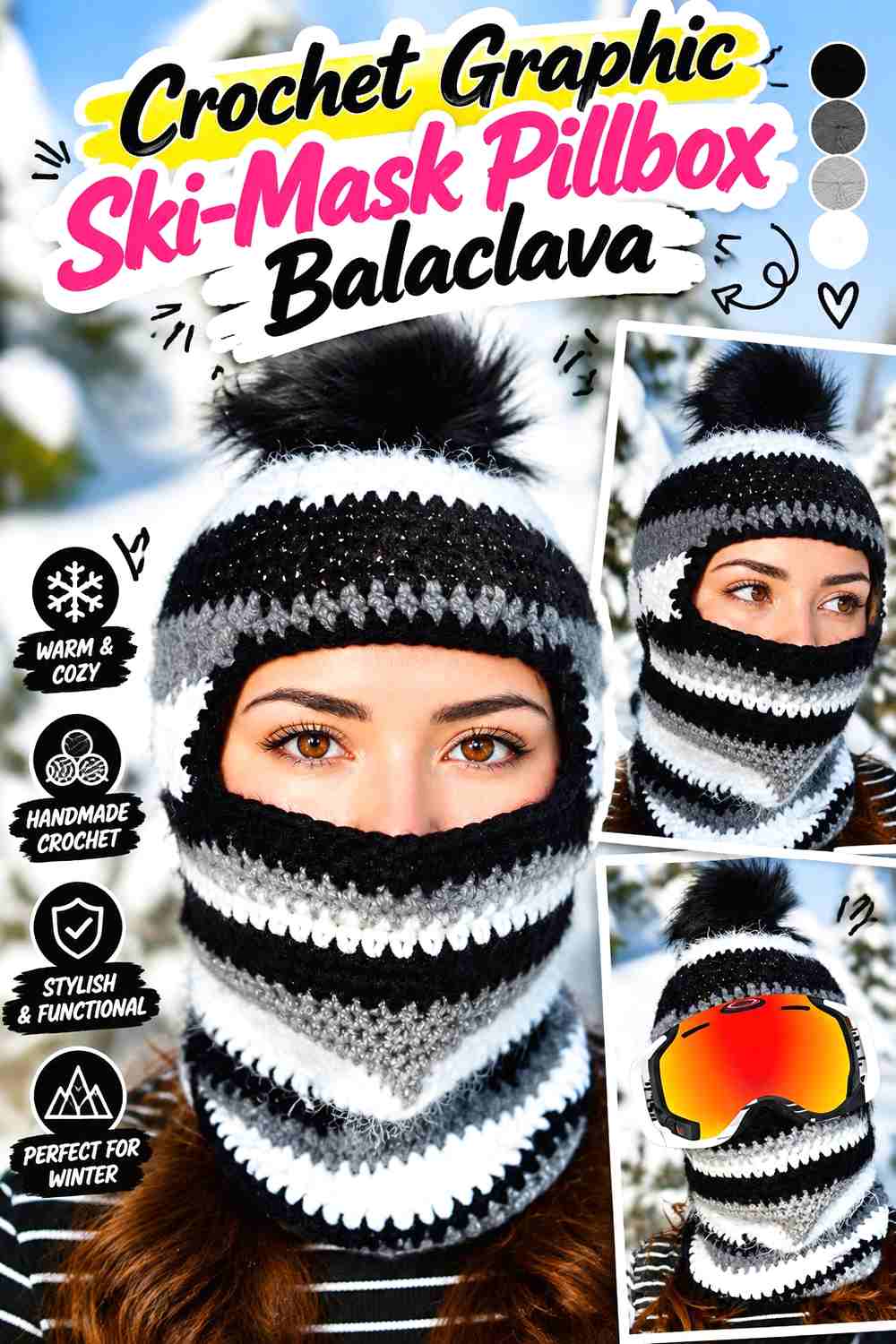 9. Crochet Graphic Ski-Mask Pillbox Balaclava