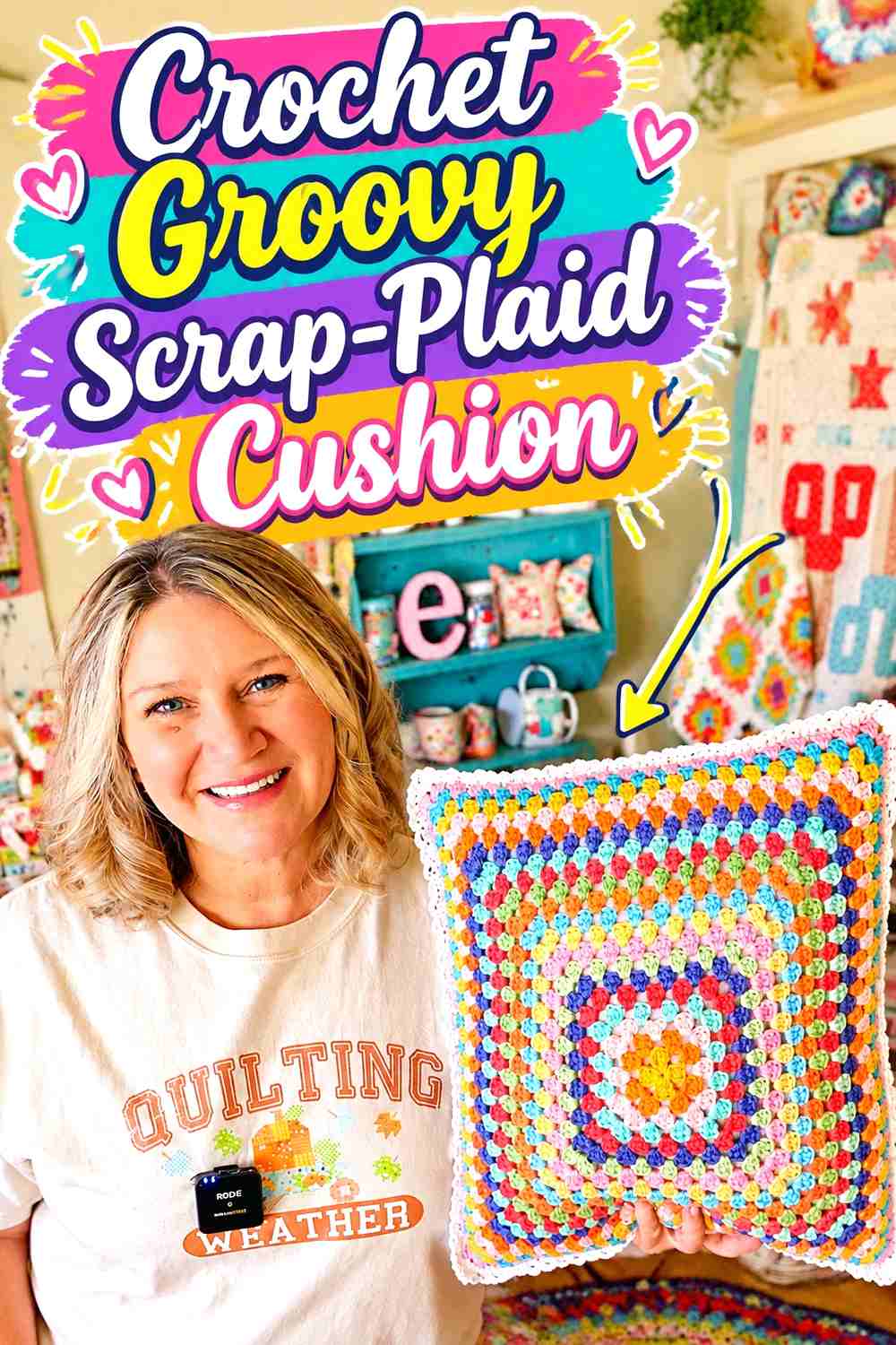 11. Crochet Groovy Scrap-Plaid Cushion