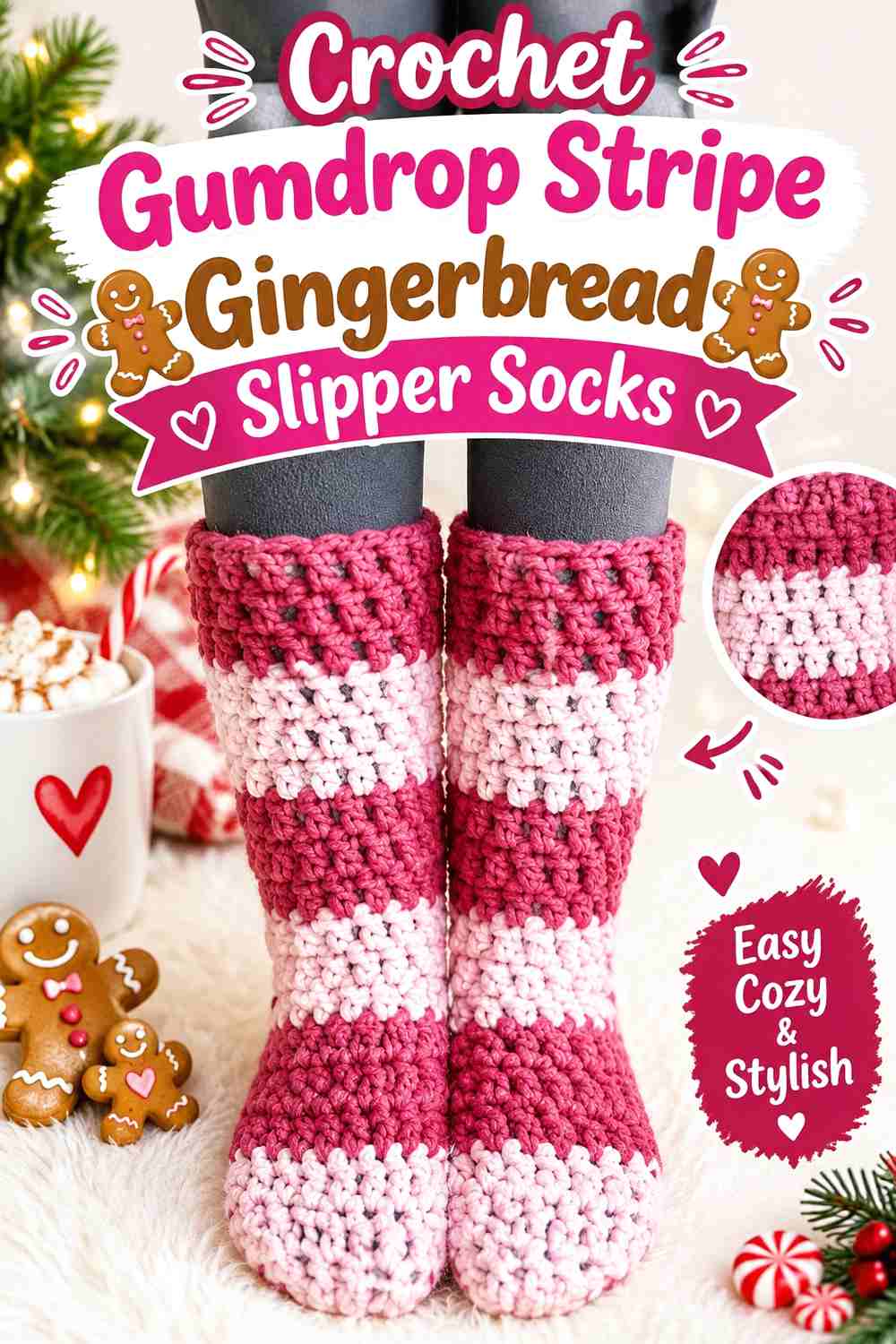3. Crochet Gumdrop Stripe Gingerbread Slipper Socks